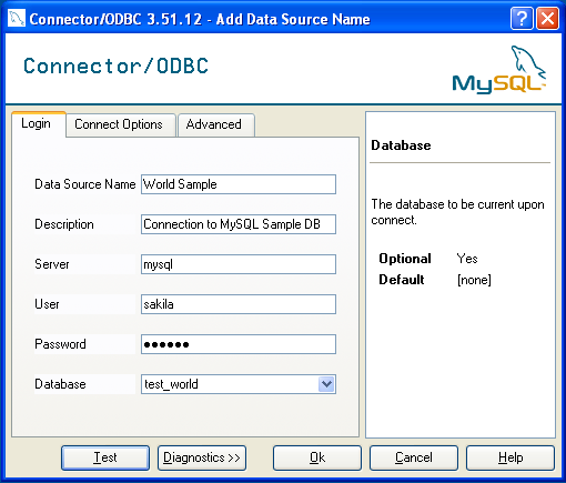 SampleMySQL ODBC DSN
Configuration Dialog